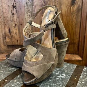 Geox Respira Suede Platform Comfy Block Heel Strappy Sandal Tan Camel 7.5